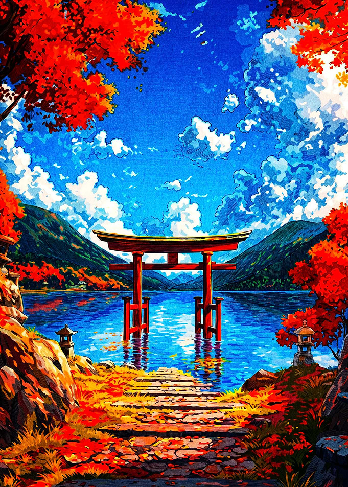 Vibrant Torii Gate at Lake Ashi