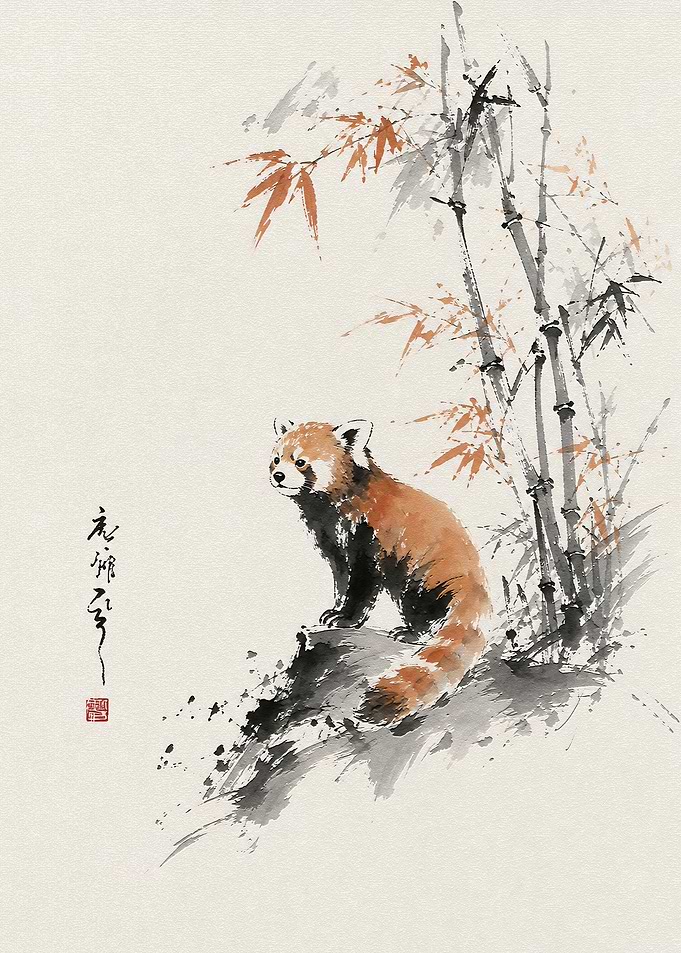 Red Panda Ink Wash Painting