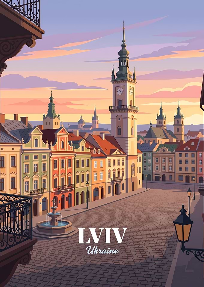 Lviv Ukraine Cityscape Travel Poster
