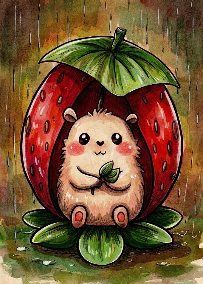 Cute Hedgehog Sheltering Under Strawberry Umbrella