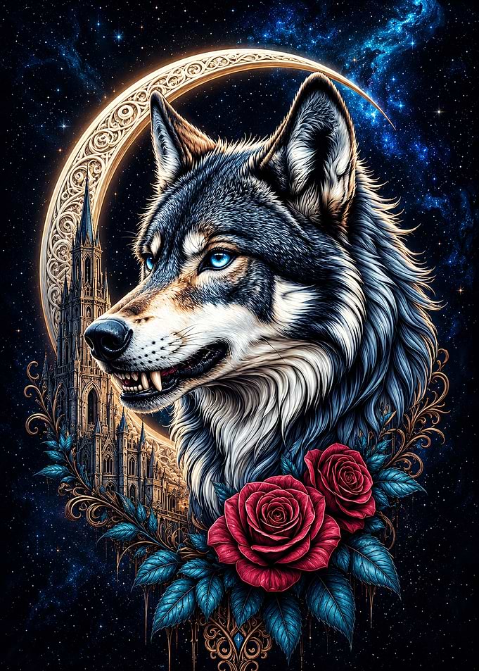 Wolf with Roses and Gothic Castle