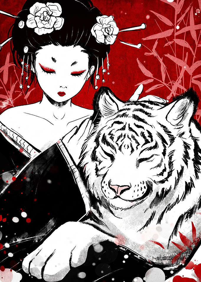 Geisha and White Tiger Illustration
