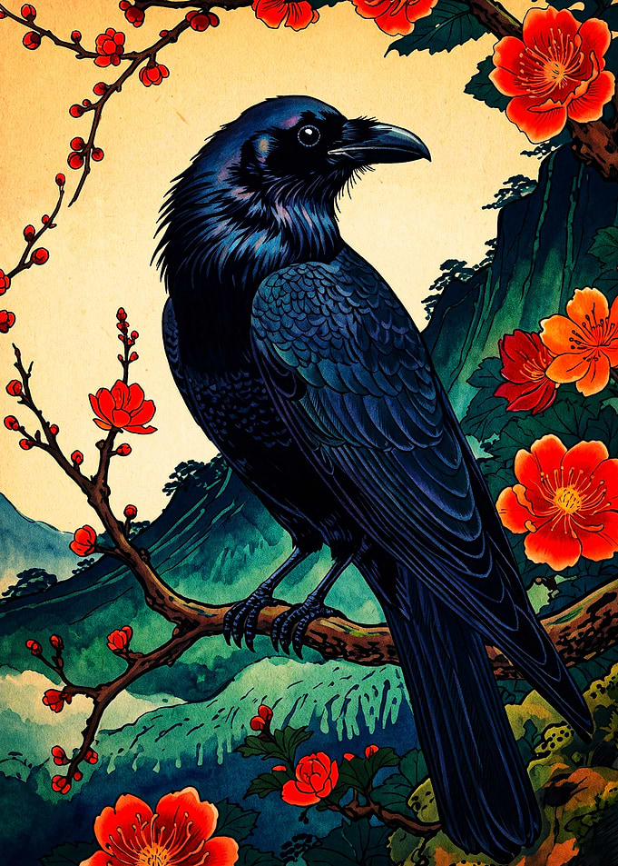 Raven Perched on Flowering Branch
