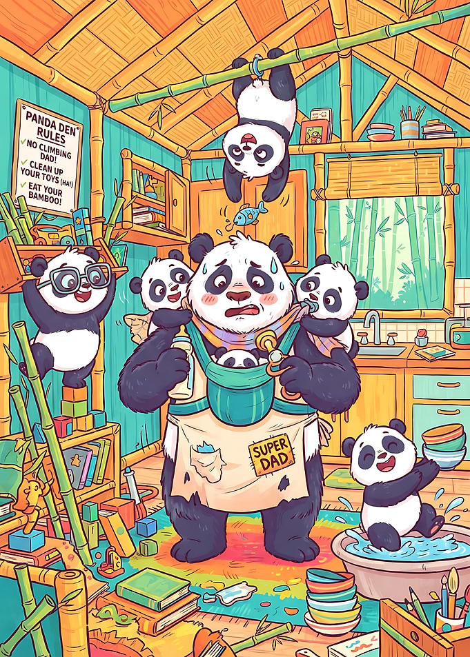Overwhelmed Super Dad Panda Illustration