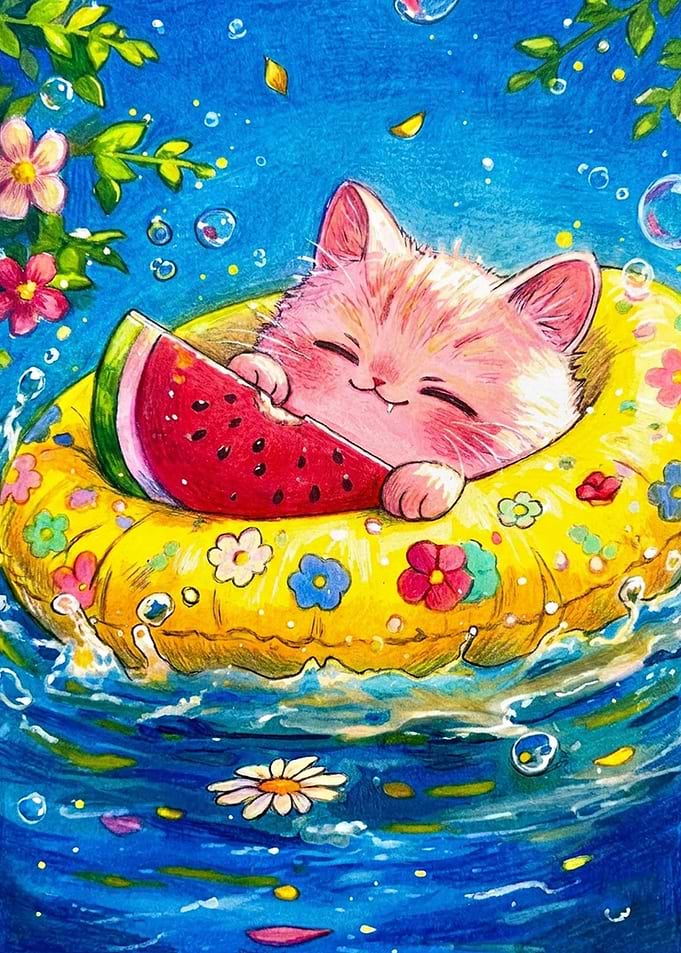 Cute Kitten Floating with Watermelon