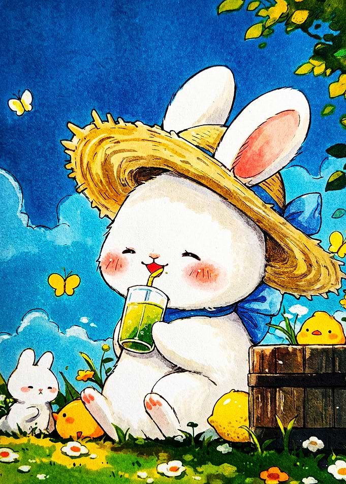 Cute Bunny Drinking Lemonade