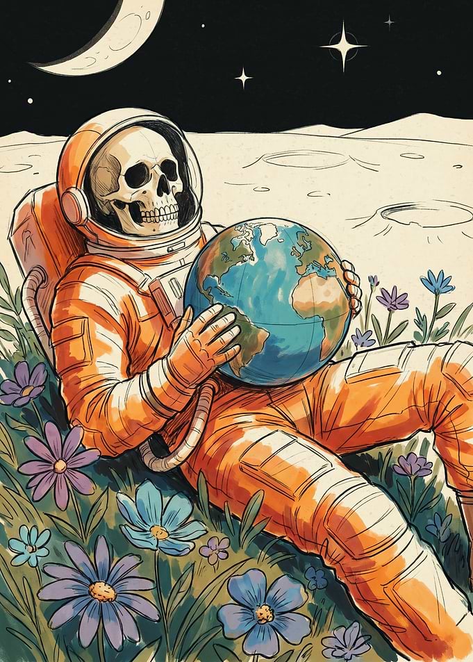Skeleton Astronaut Holding Earth in Flowers