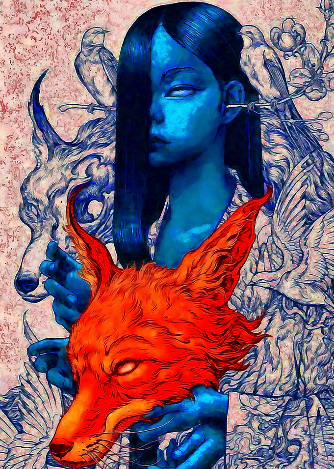 Blue Woman Holding Fiery Fox Mask