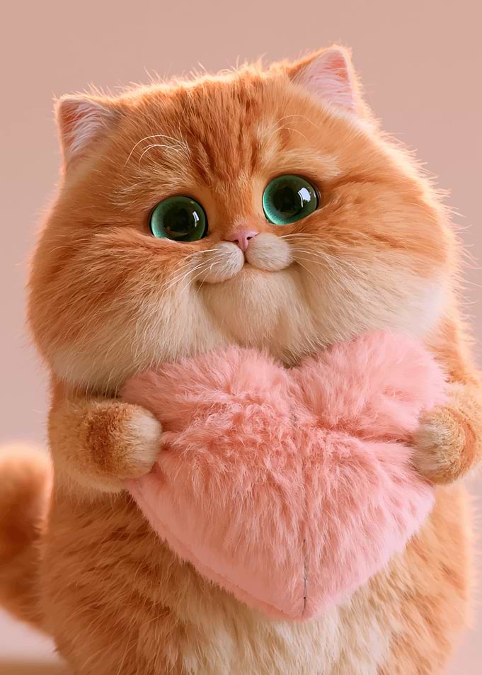 Fluffy Orange Kitten Holding Pink Heart