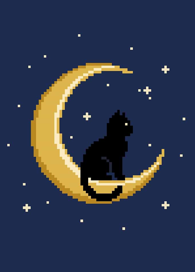Pixel Art Cat on Crescent Moon