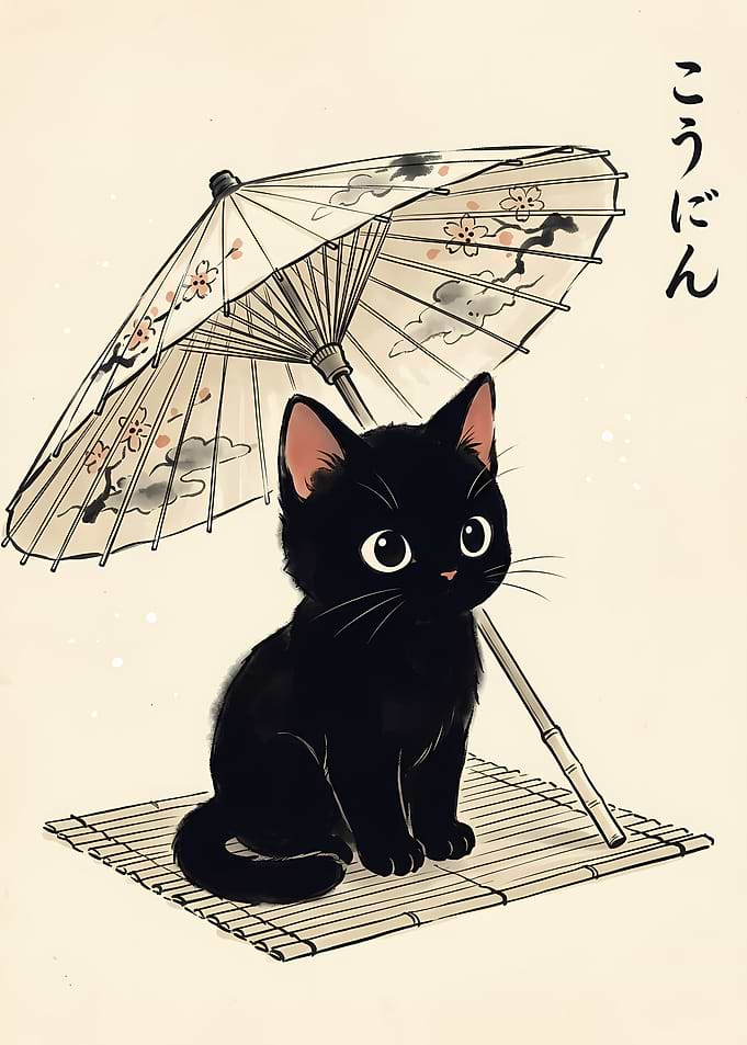 Cute Black Kitten with Japanese Umbrella