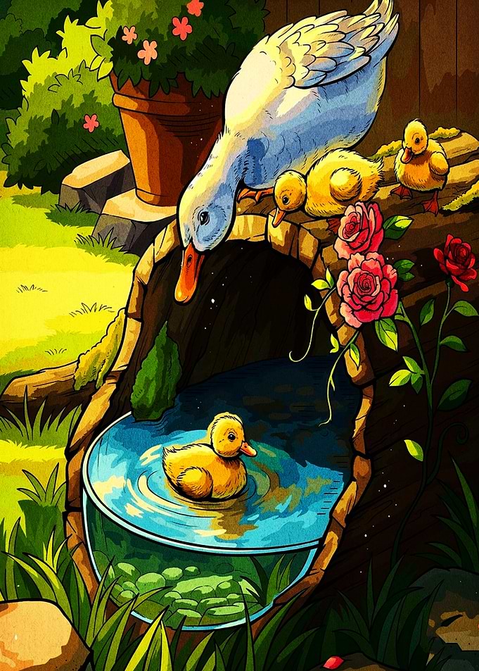 Mother Duck and Ducklings in Garden