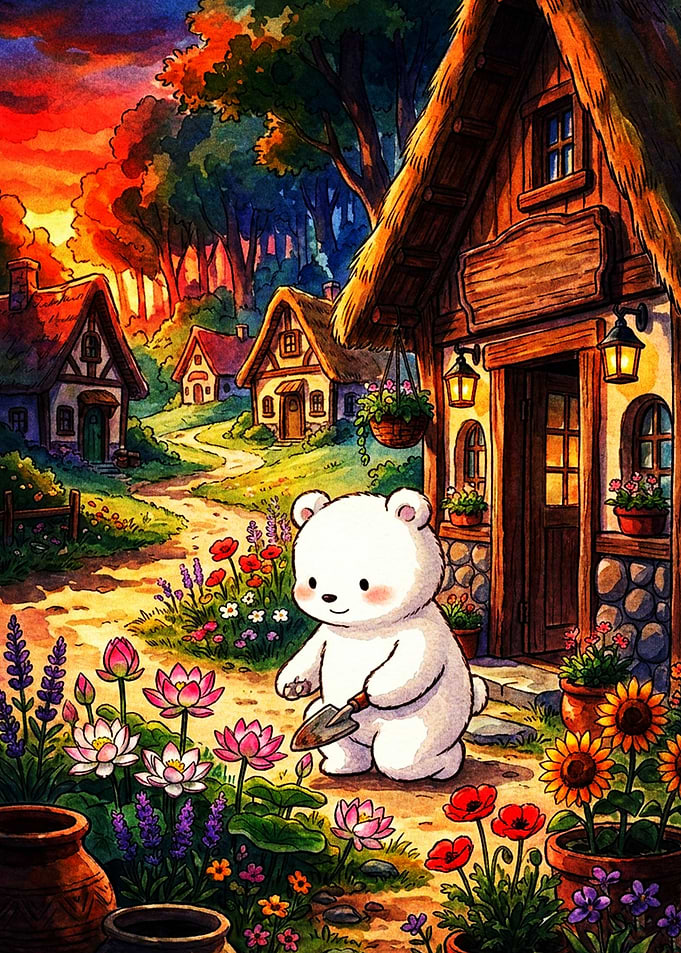 Cute Bear Gardening in Fairy Village