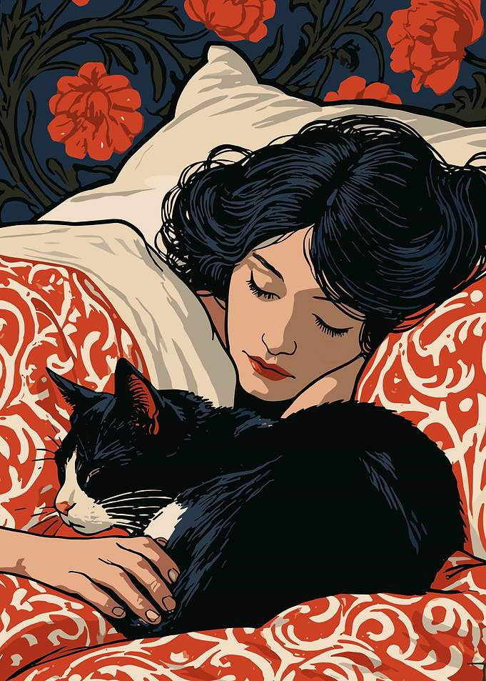 Woman Sleeping with Cat Illustration