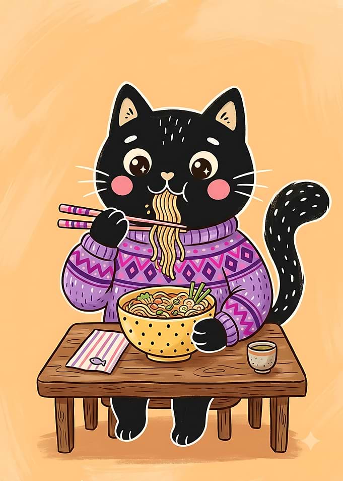 Cute Black Cat Eating Ramen