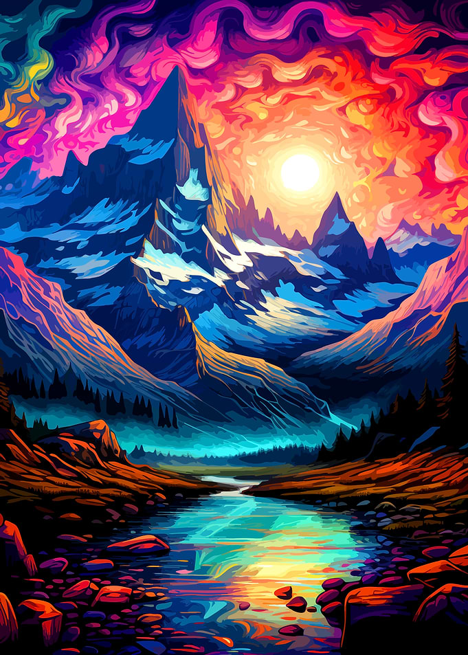 Psychedelic Mountain Landscape at Sunset