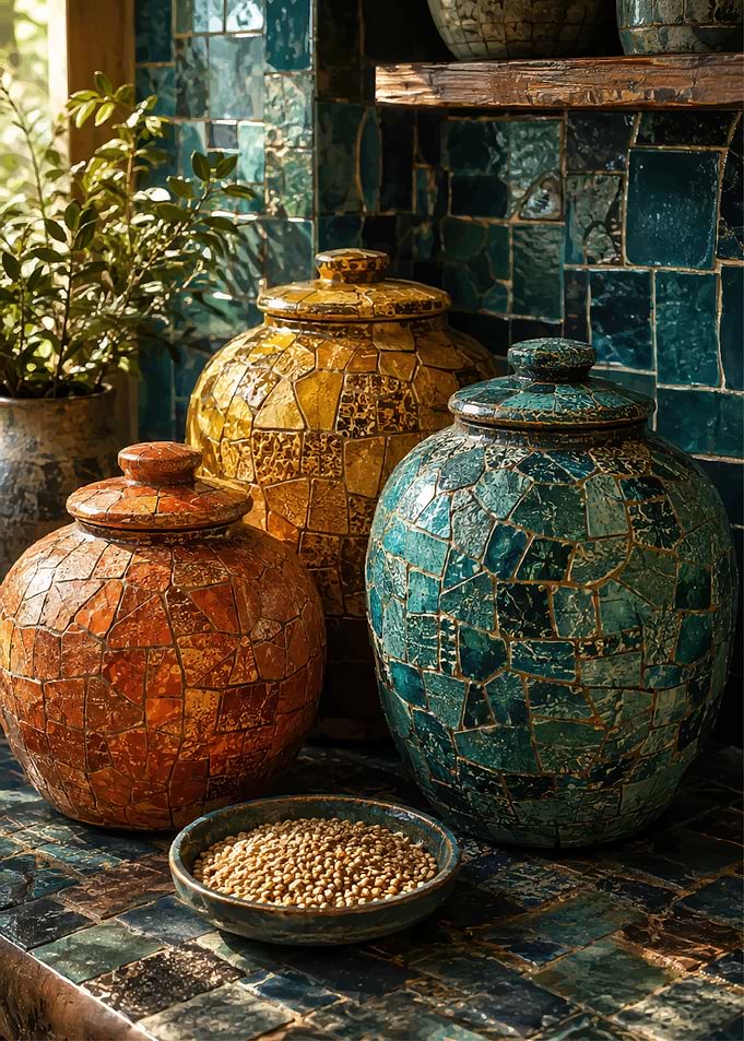 Mosaic Ceramic Jars and Bowl