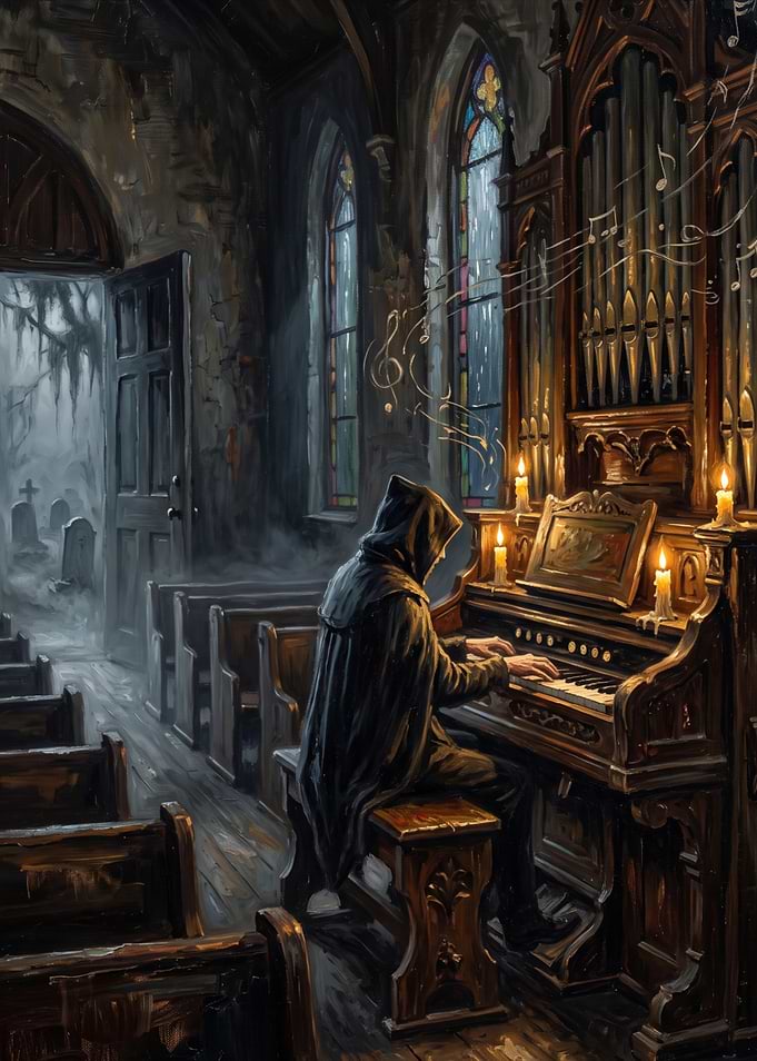 Hooded Figure Playing Church Organ