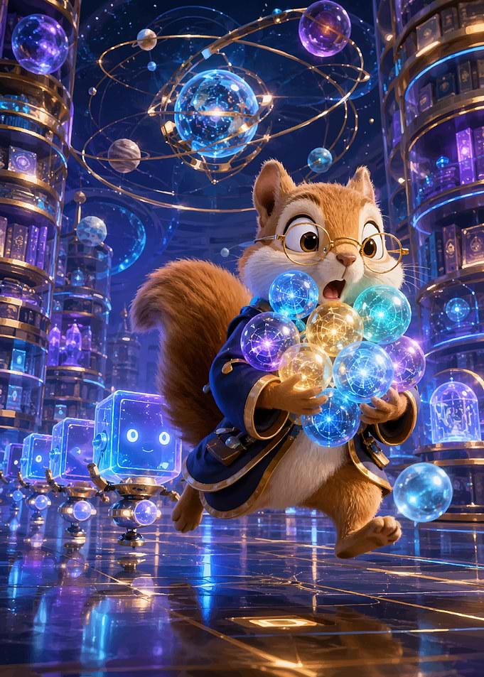 Cute Squirrel Scientist in Cosmic Library