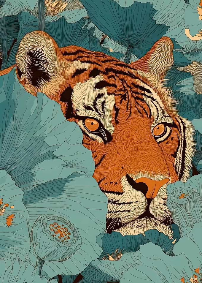 Tiger Hidden in Lotus Leaves