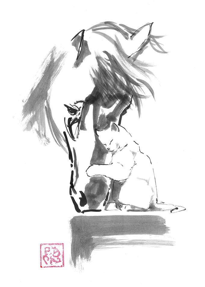 Ink Wash Painting of Horse and Cat