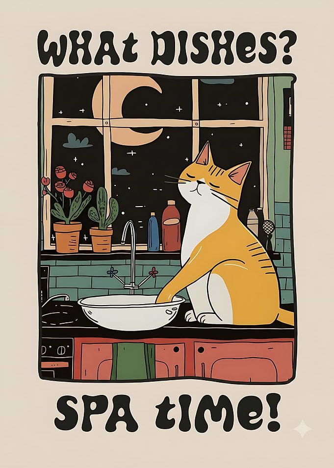 Cat Relaxing in Kitchen Sink Poster