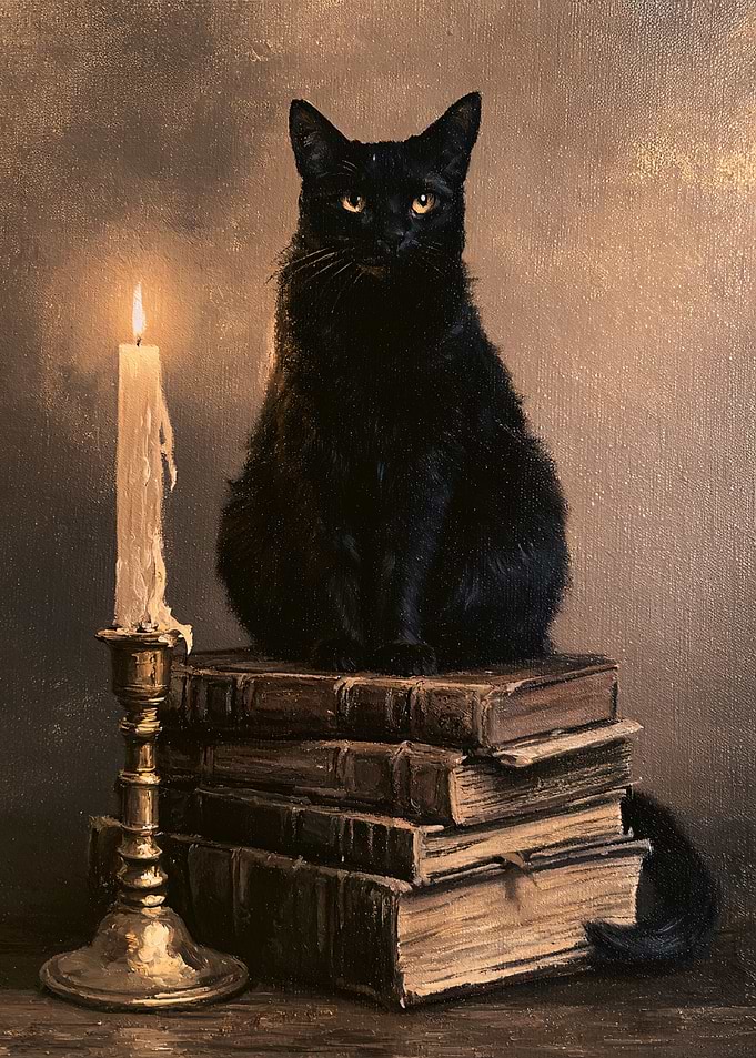 Black Cat Sitting on Old Books
