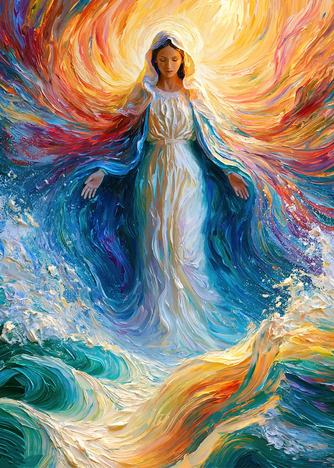 Virgin Mary Amidst Vibrant Waves