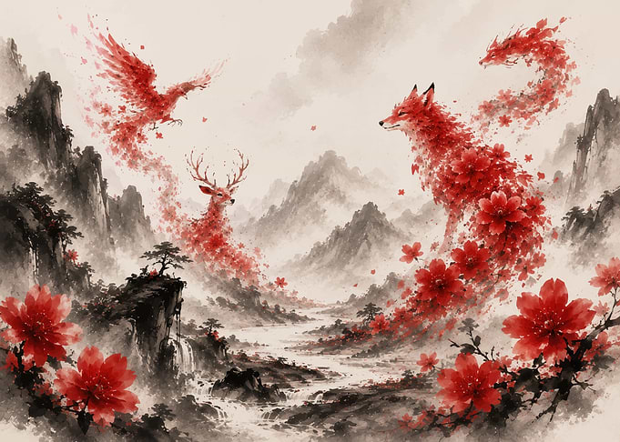 Mythical Creatures in Floral Landscape