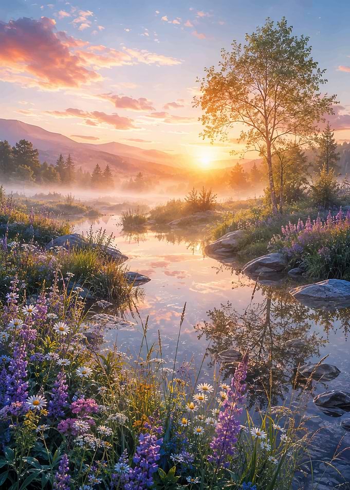 Serene Sunrise Over Misty River