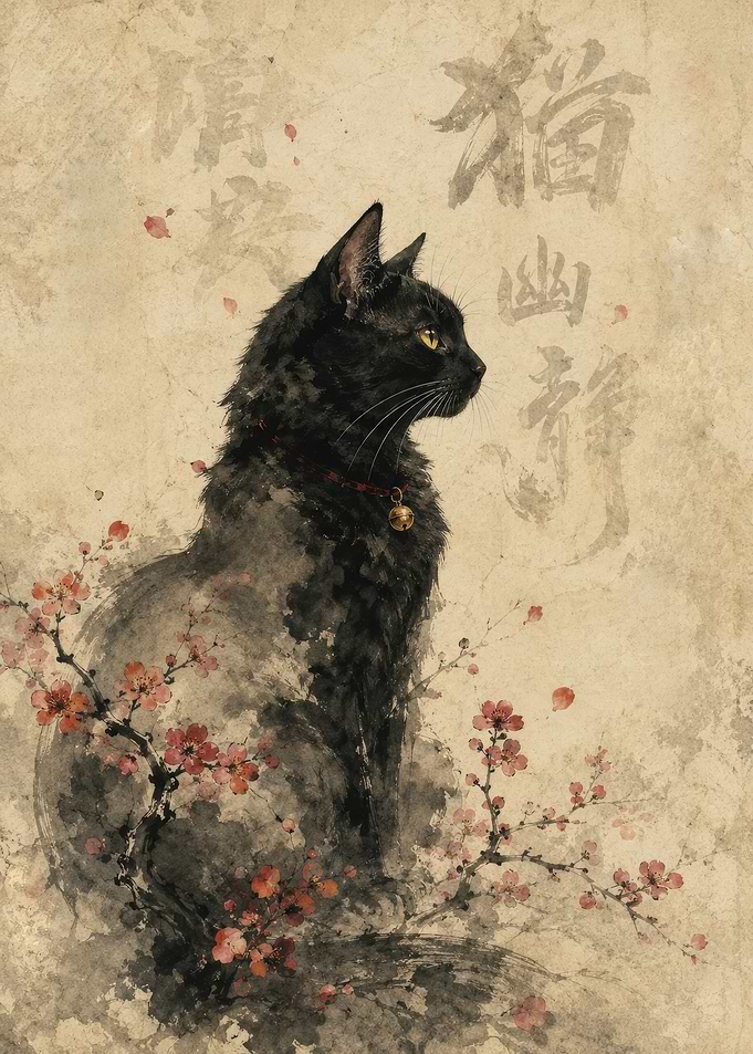 Black Cat with Cherry Blossoms