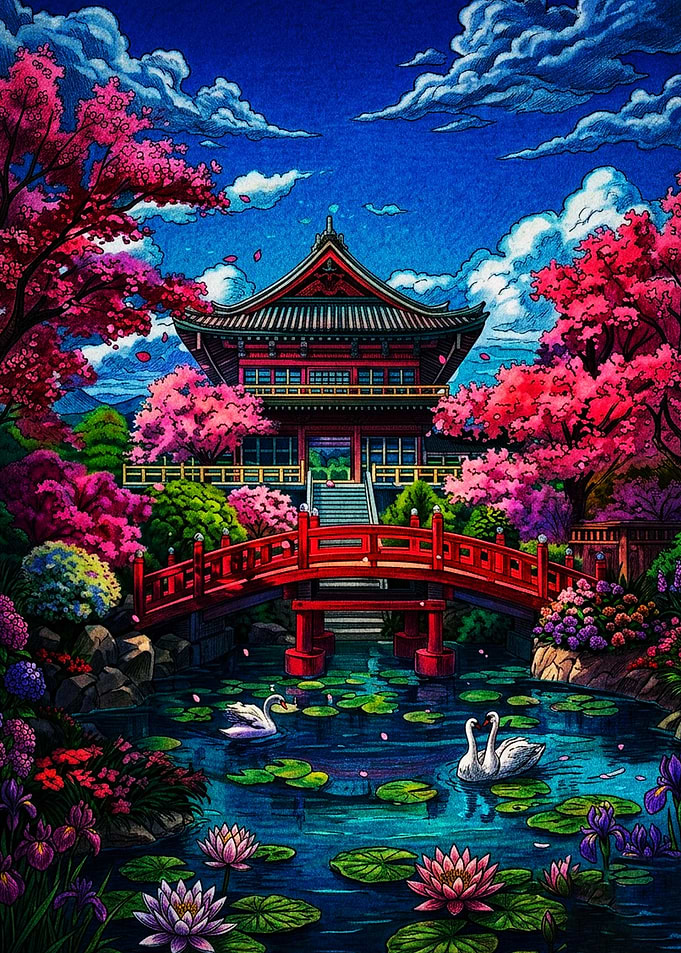 Japanese Temple Garden with Swans