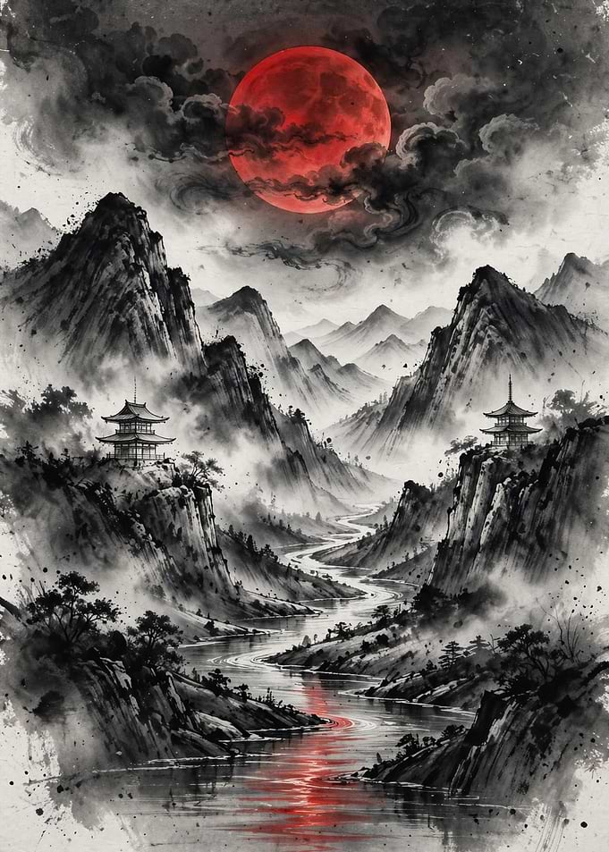 Crimson Moon Over Misty Mountains - Japanese Sumi Ink Landscape
