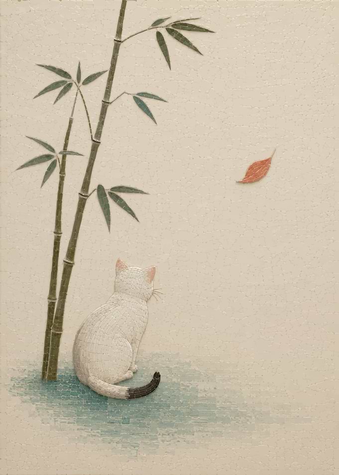 White Cat Watching Falling Leaf