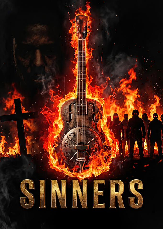 Sinners Movie Poster with Burning Guitar