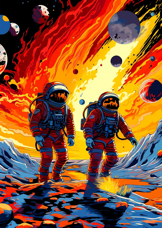 Astronauts Exploring a Fiery Alien Planet