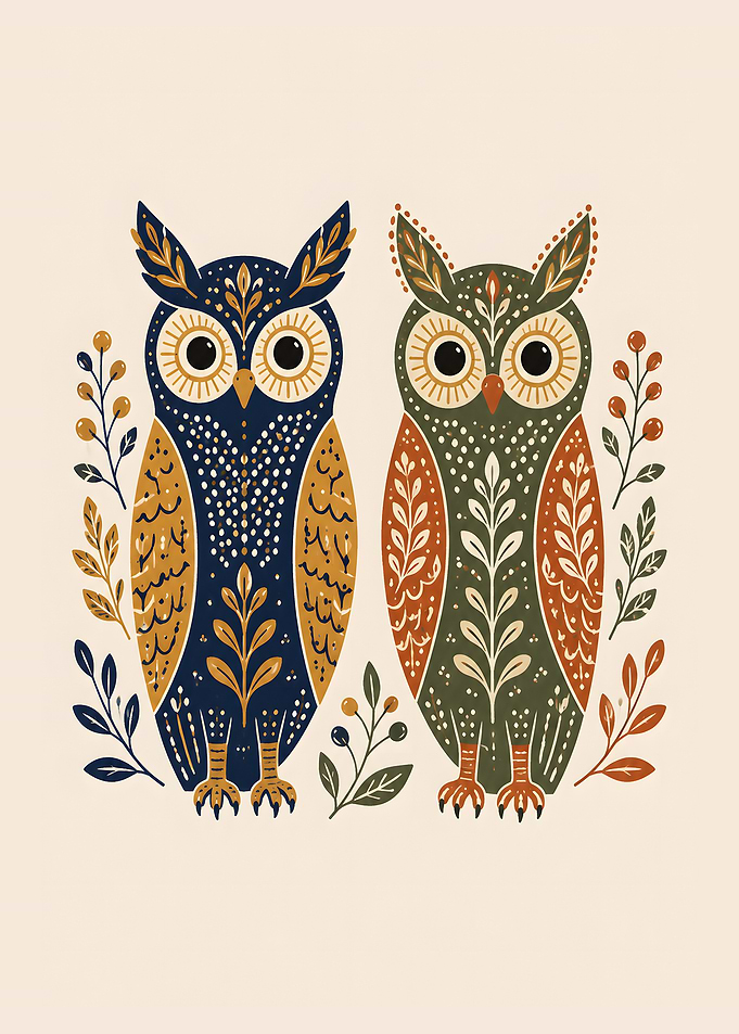 Night Watchers - Nordic Folk Owls Poster