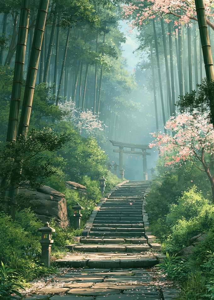 Path to Serenity - Serene Bamboo Forest with Torii Gate