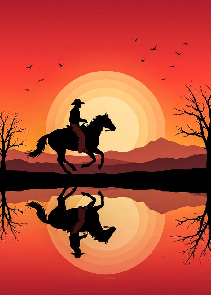 Cowboy Riding Horse at Sunset
