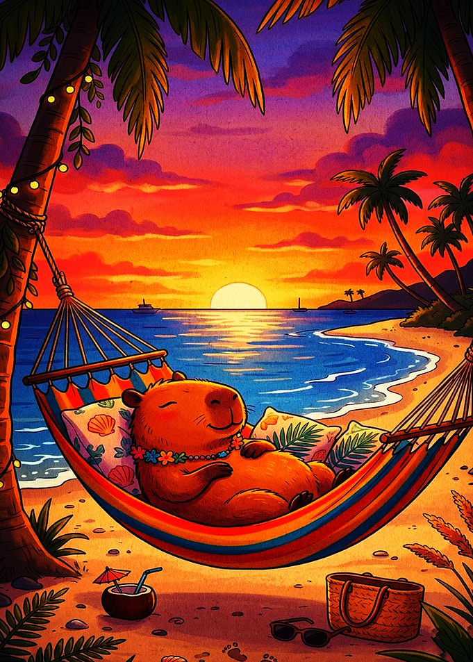 Capybara Relaxing in a Tropical Hammock