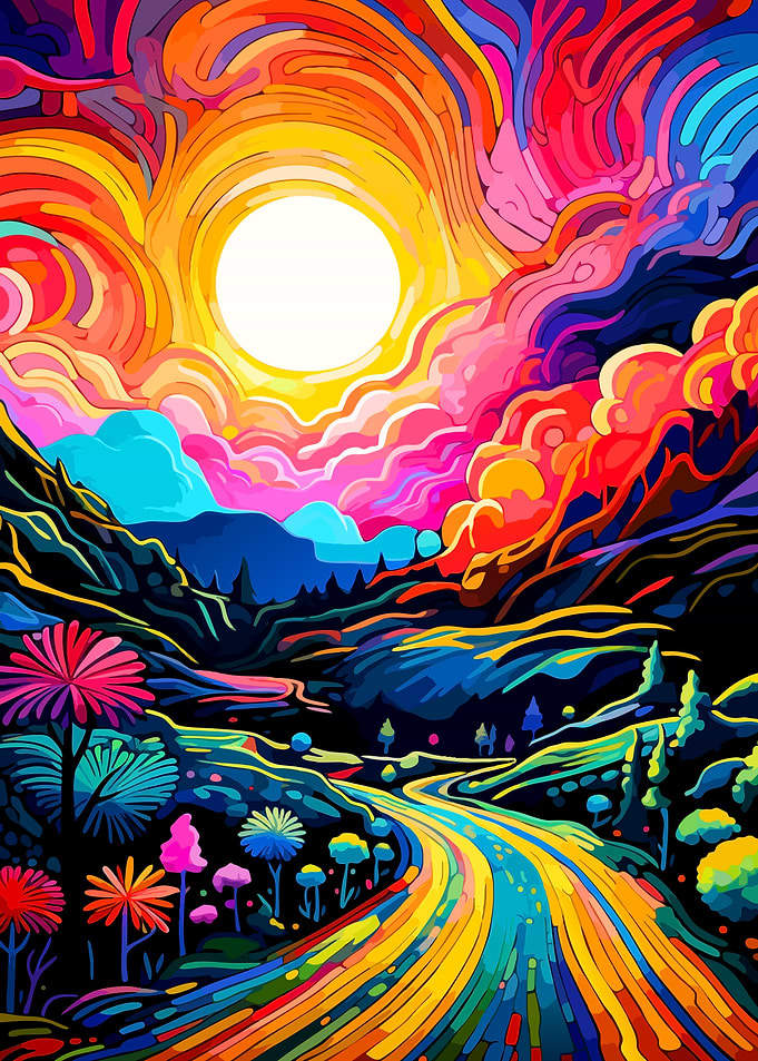 Vibrant Psychedelic Landscape with Sun