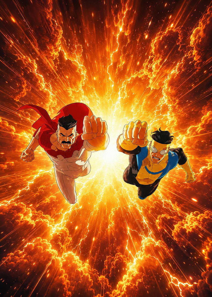 Omni-Man and Invincible Flying Together