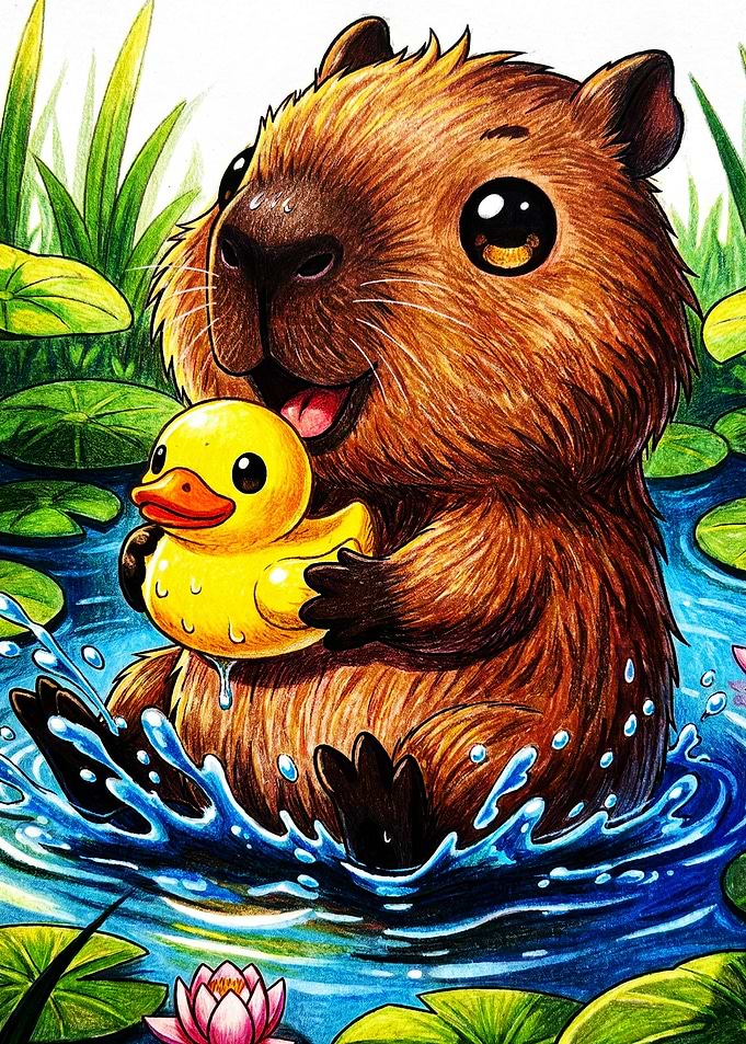Cute Capybara Playing with Rubber Duck