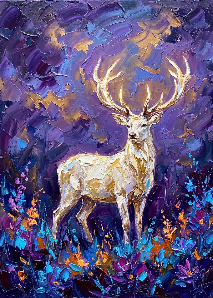 Golden Stag in Purple Forest