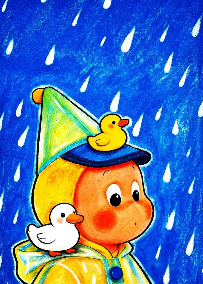 Cute Cartoon Child in Rain