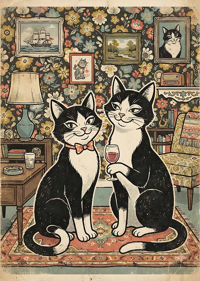 Sophisticated Tuxedo Cats Drinking Wine