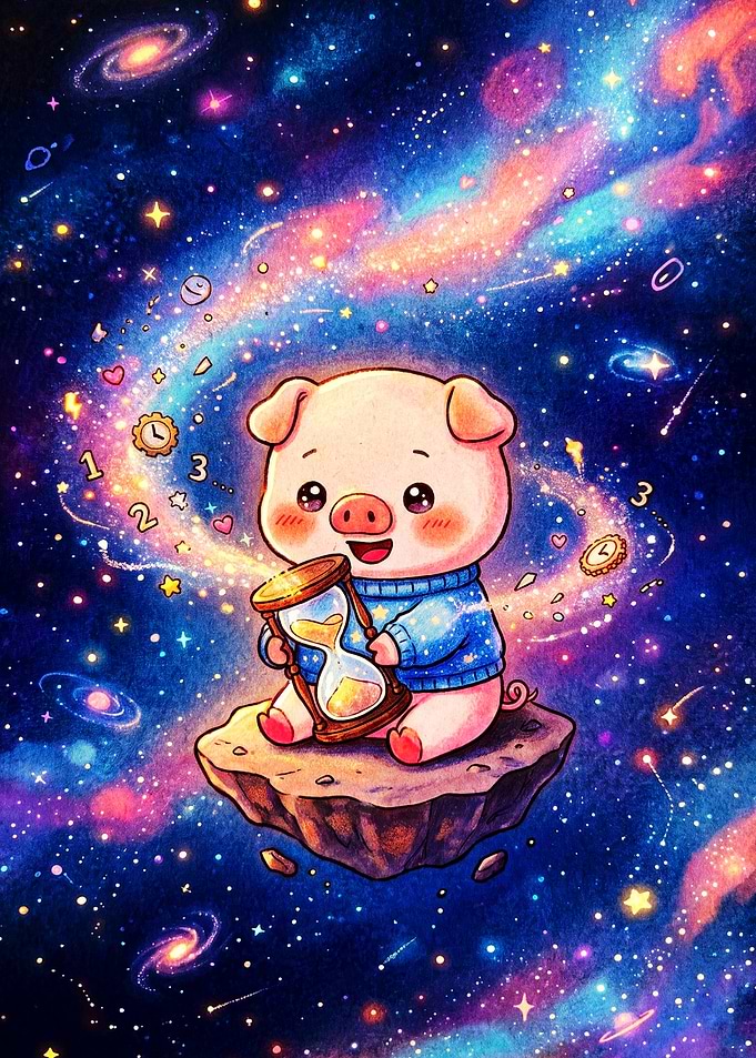 Cute Piglet Holding Hourglass in Space