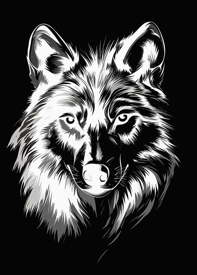 Stylized Black and White Wolf Portrait