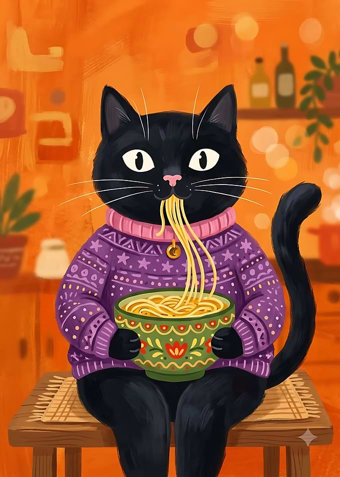 Black Cat Eating Noodles Illustration