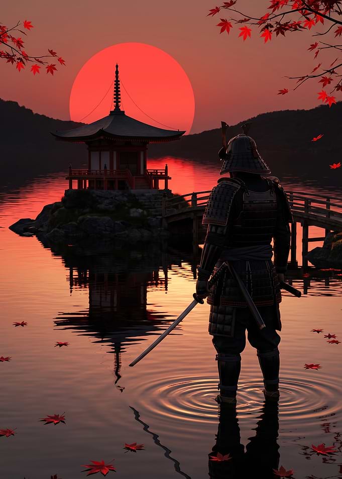 Last Samurai Standing in Lake at Red Sun